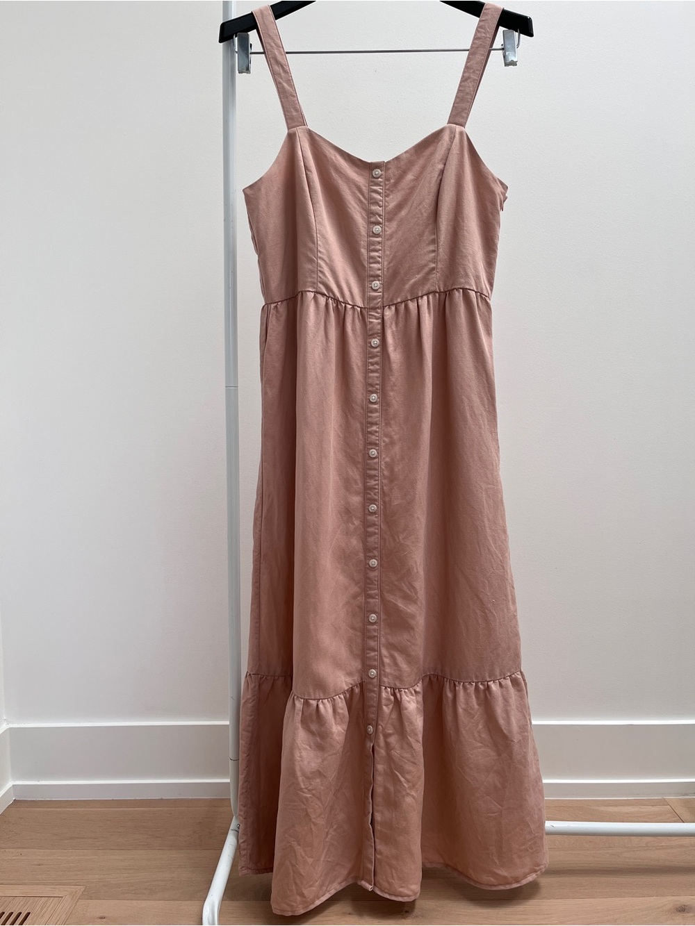 Frank and Oak button up ruffle dress M light peach pink tencel linen sundress - Picture 2 of 12